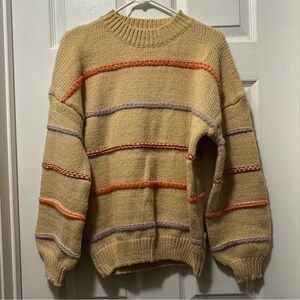 Khaki Knit Sweater With Colorful Textured Stripes Women’s Size Small